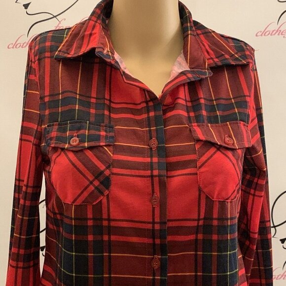 Just B. Size S-M. Lightweight Polyester Plaid 2 Pocket Long Sleeve Shirt. B53 - Picture 2 of 6